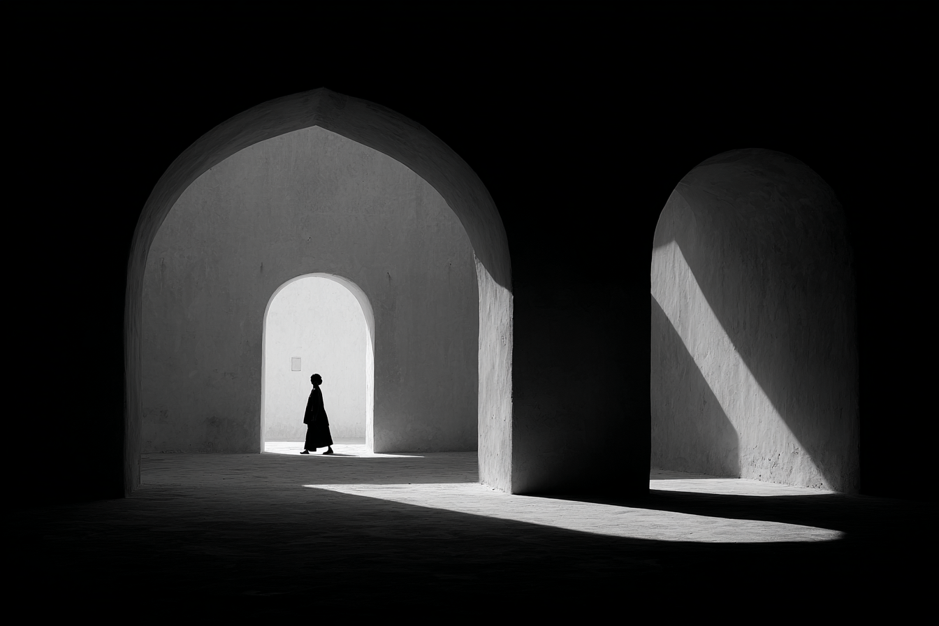 Silhoütte Einer Person Die Durch Architektonischen Raum Geht | Schwarz Weiss | Farbenwelten
