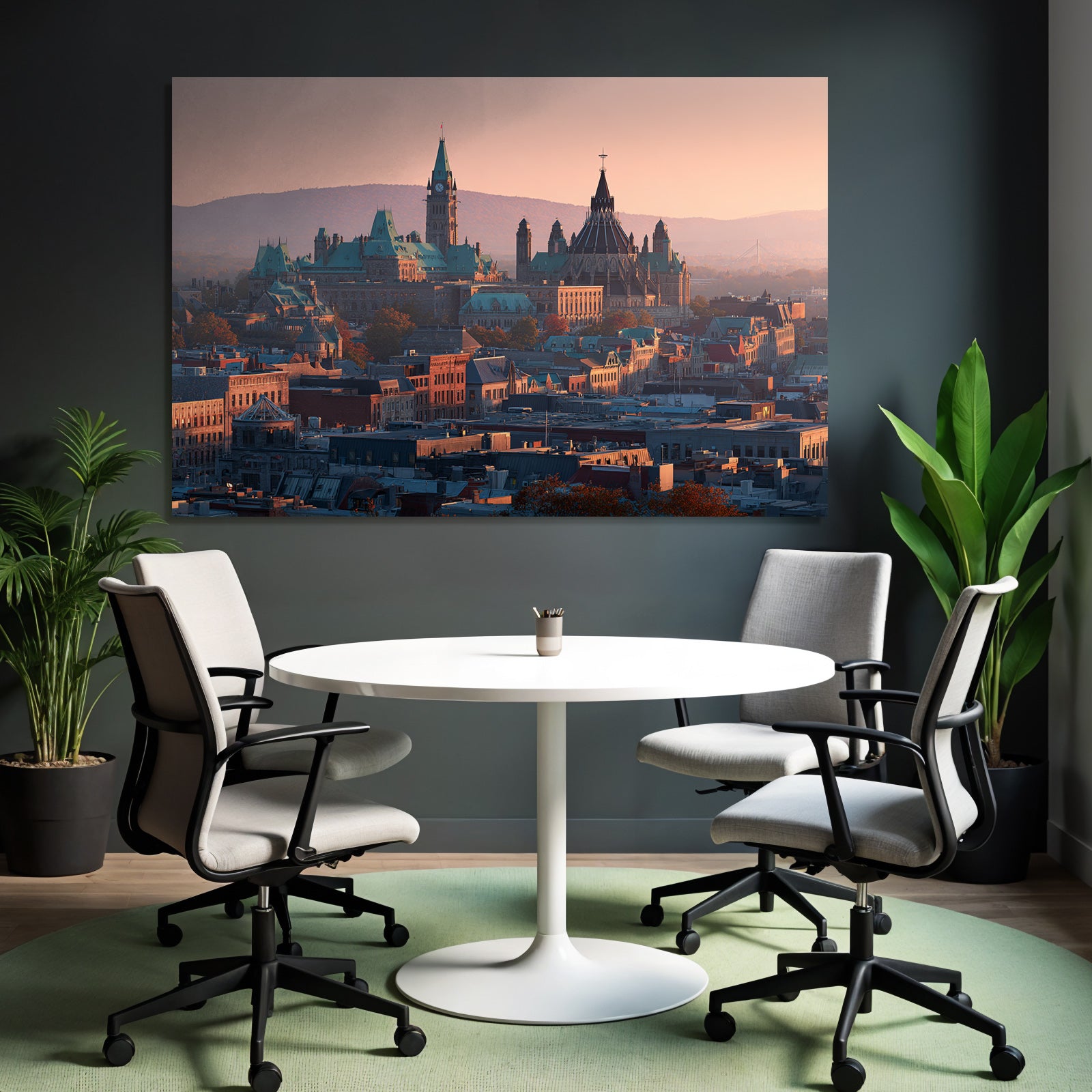 Cityscape with historic architecture and green roofs Sunset