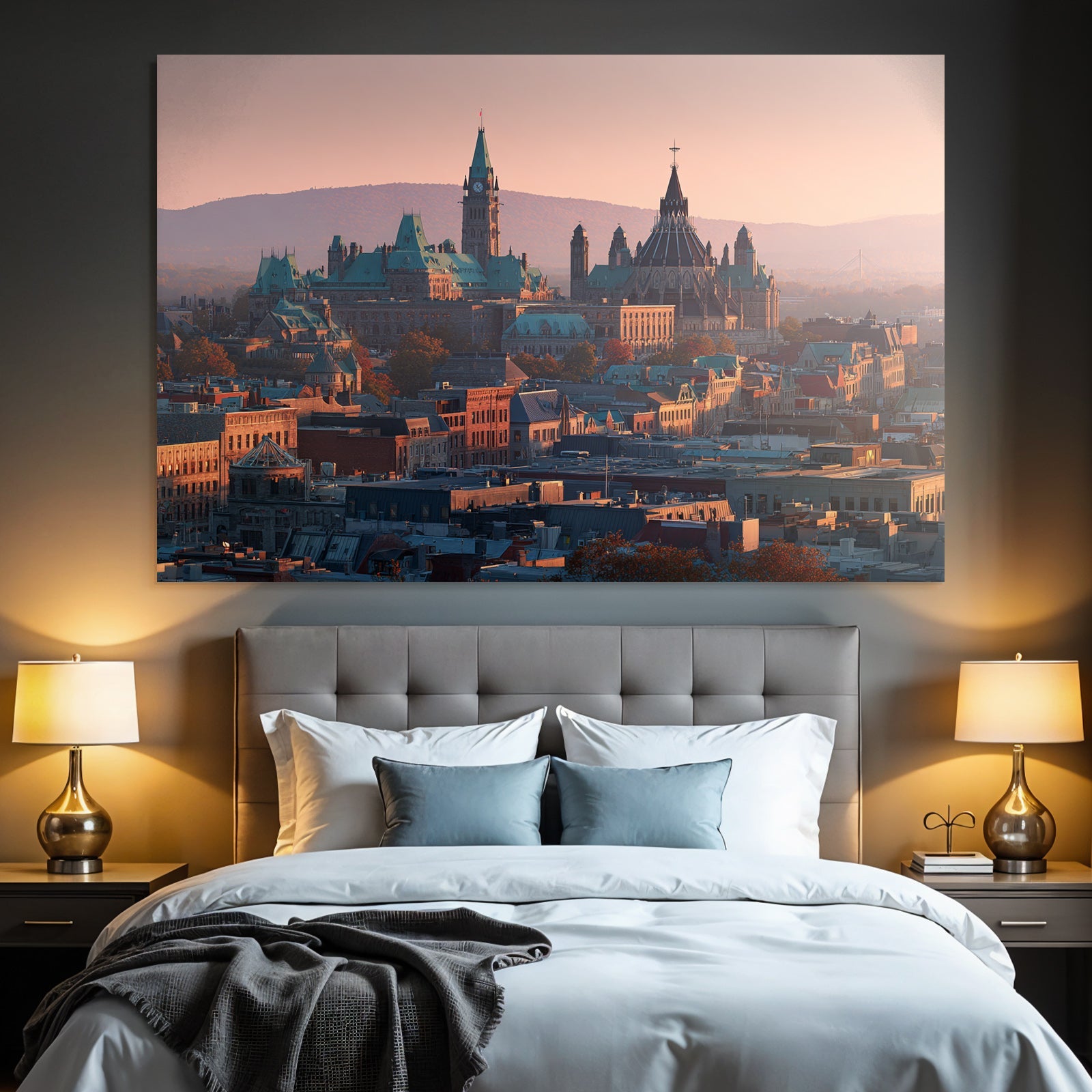 Cityscape with historic architecture and green roofs Sunset