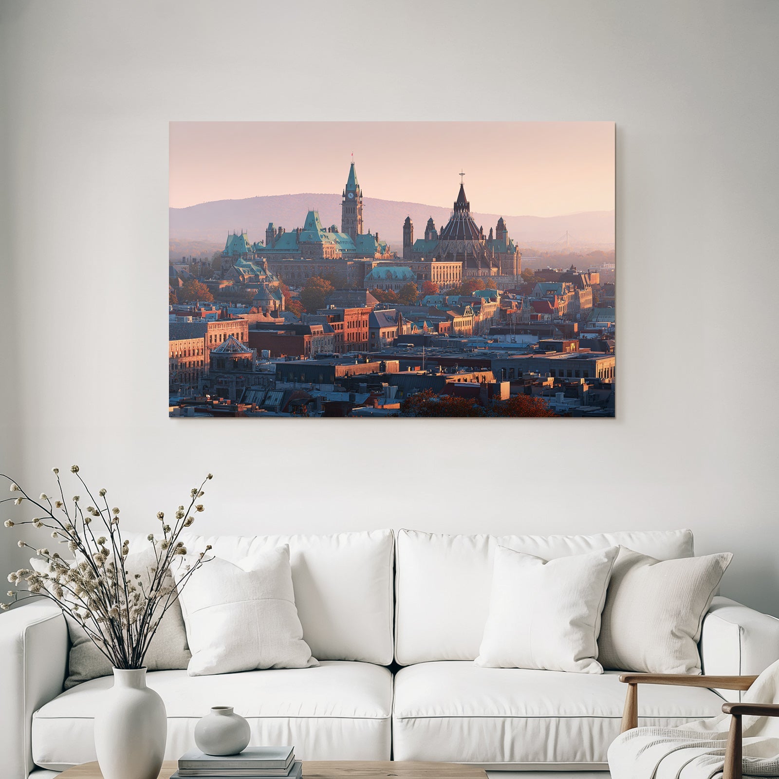 Cityscape with historic architecture and green roofs Sunset