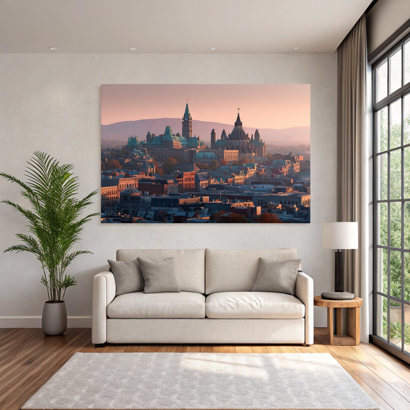 Cityscape with historic architecture and green roofs Sunset