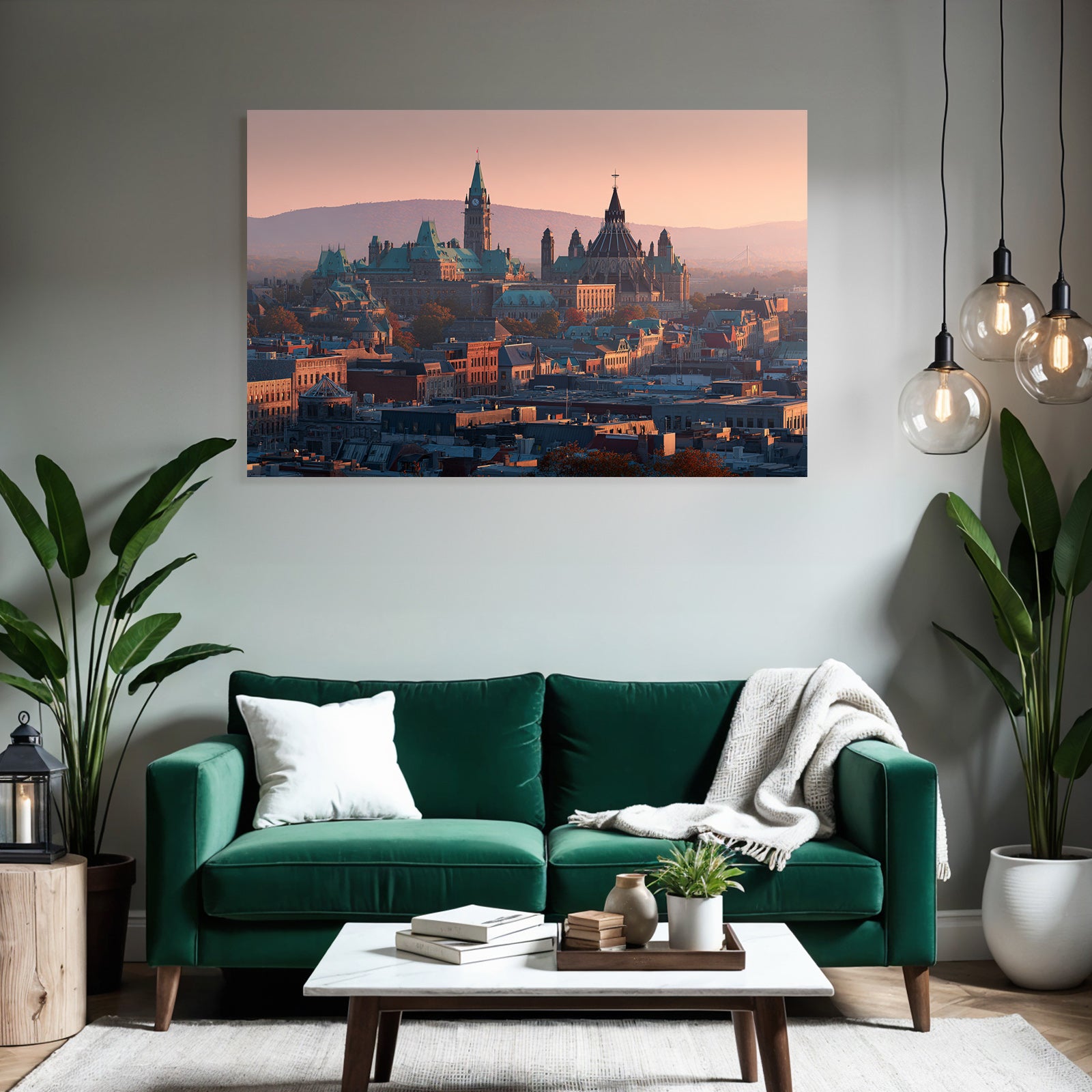 Cityscape with historic architecture and green roofs Sunset