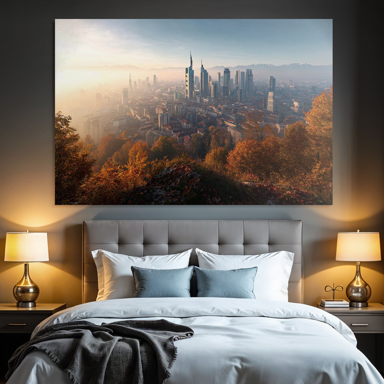 Urban skyline with modern buildings and mountains