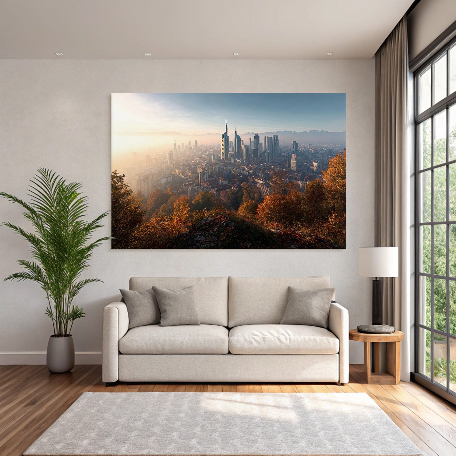 Urban skyline with modern buildings and mountains