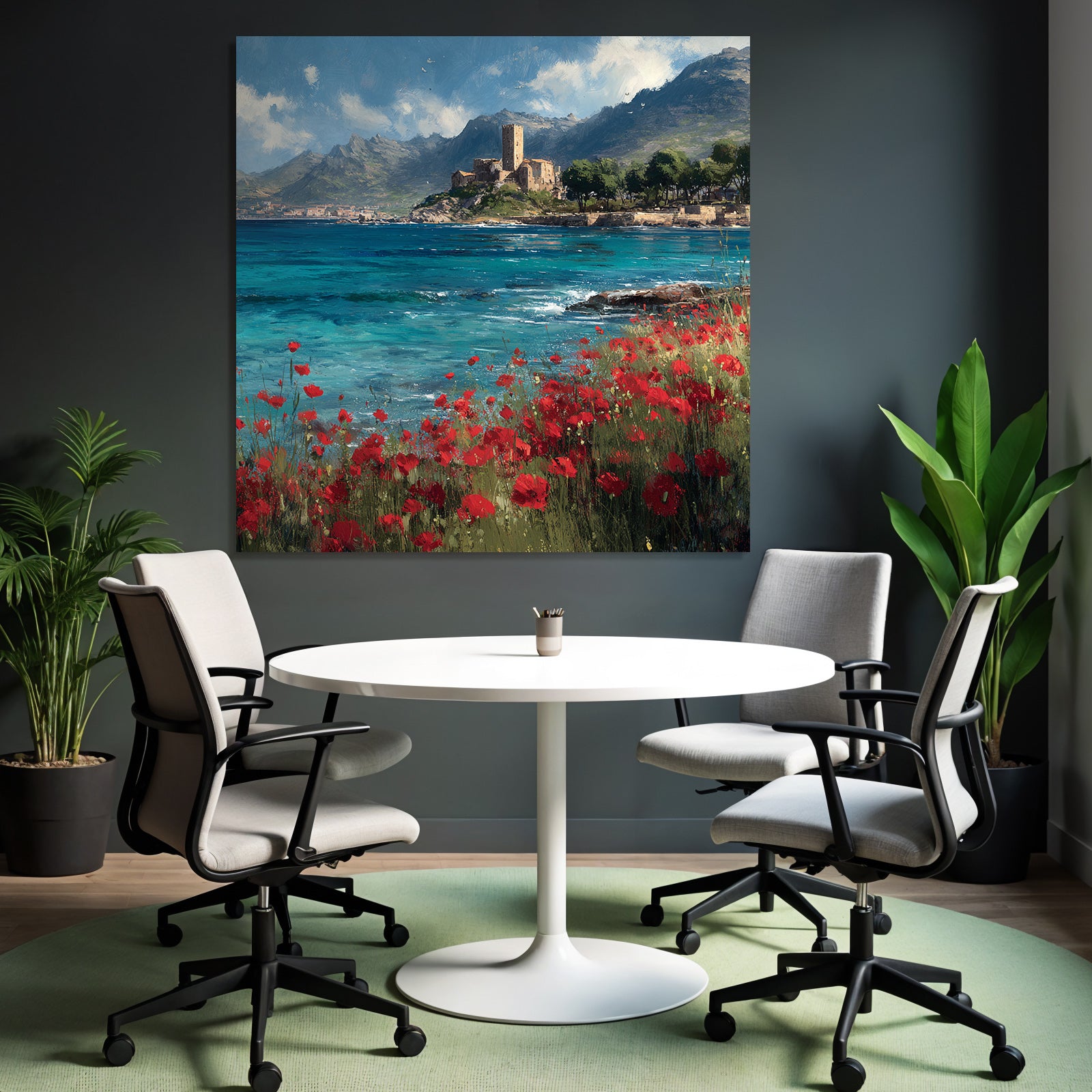 Seaside Landscape With Poppy Flowers And Castle