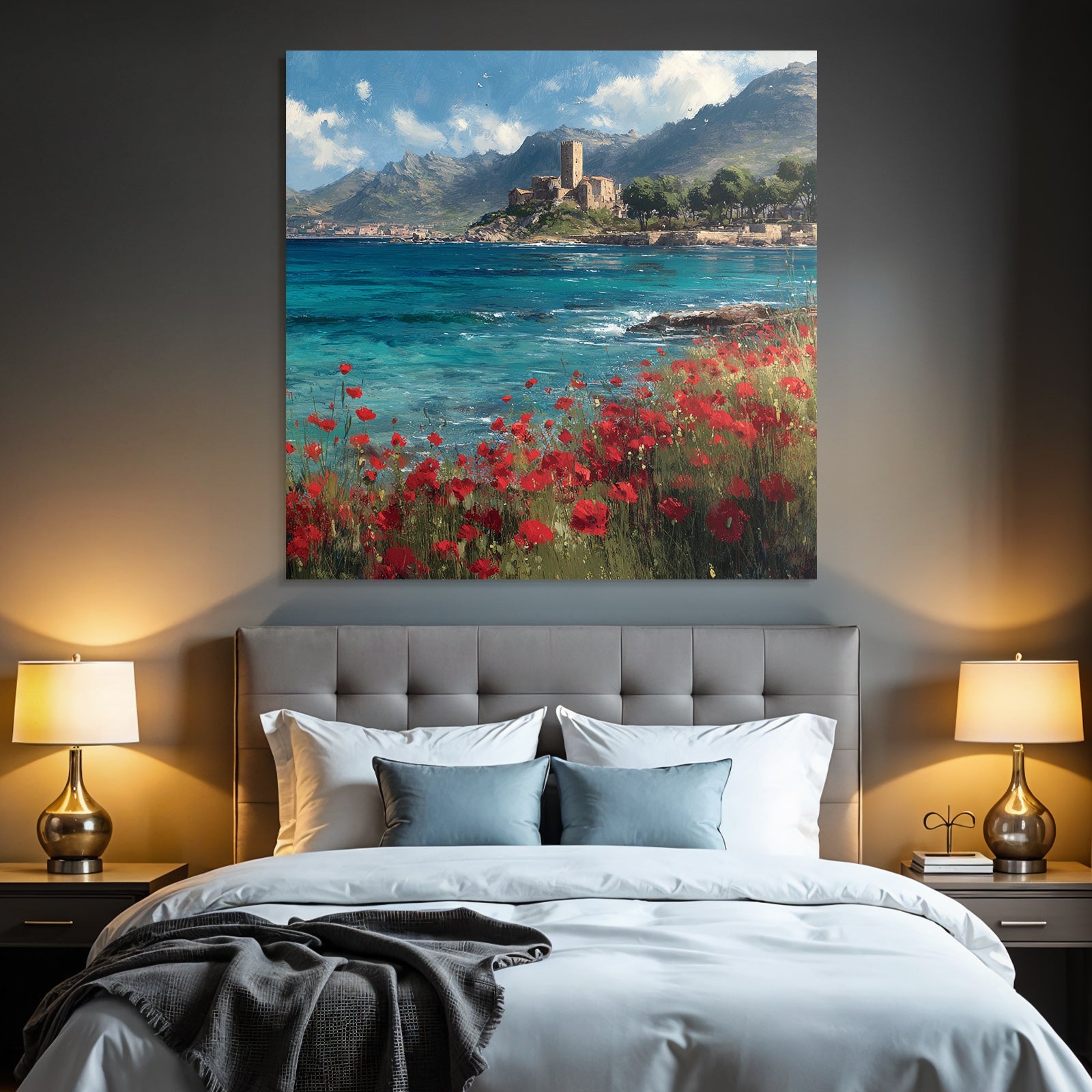 Seaside Landscape With Poppy Flowers And Castle