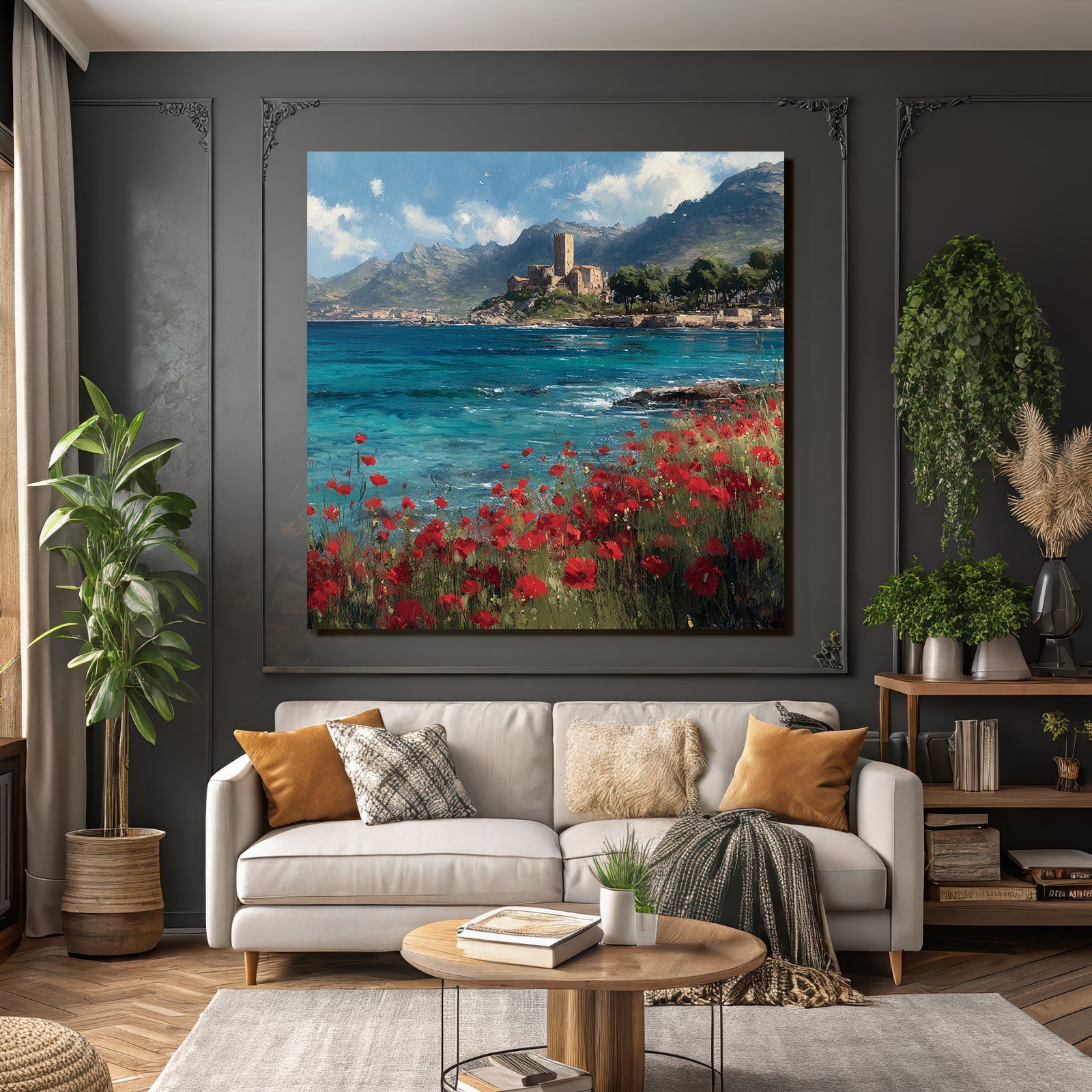 Seaside Landscape With Poppy Flowers And Castle