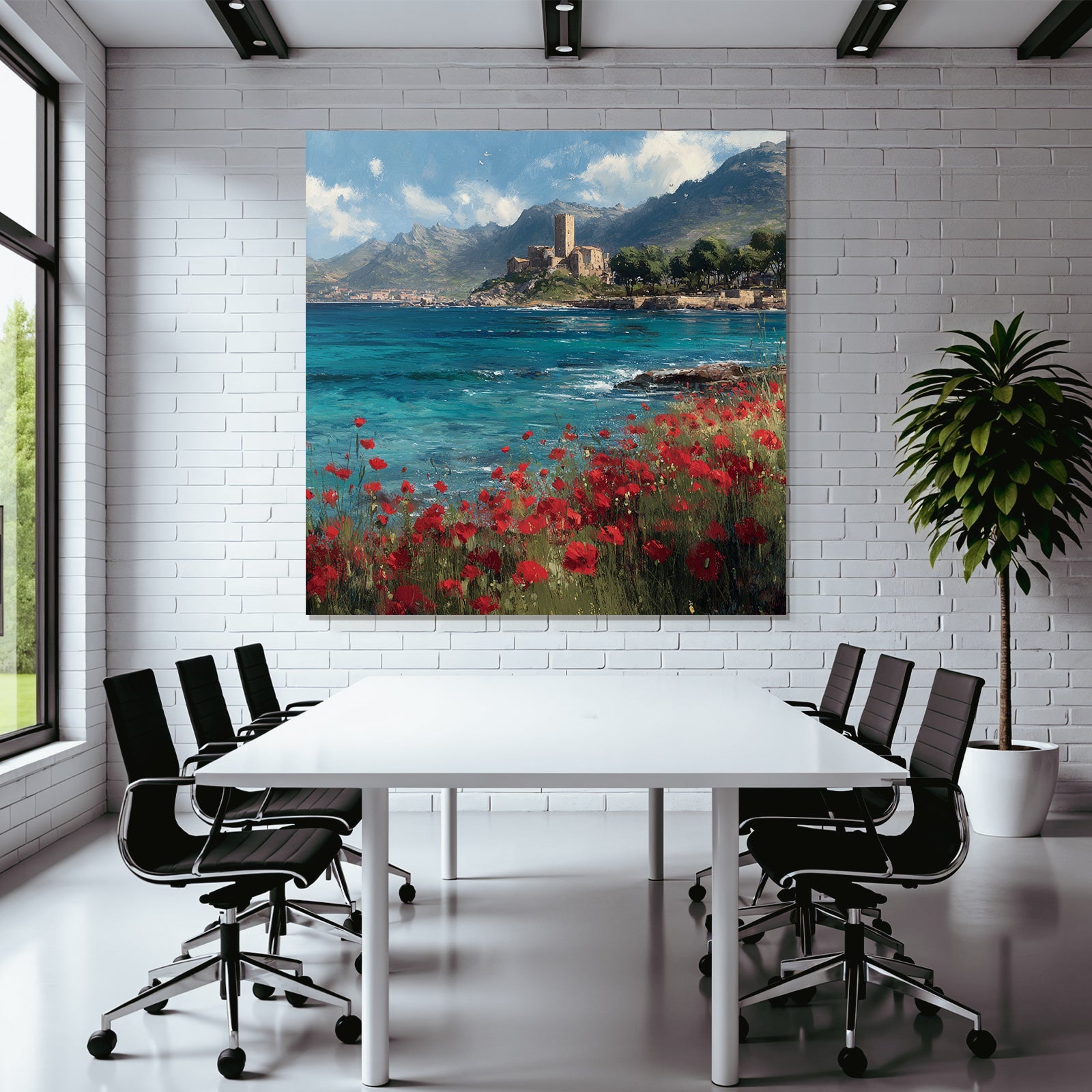 Seaside Landscape With Poppy Flowers And Castle