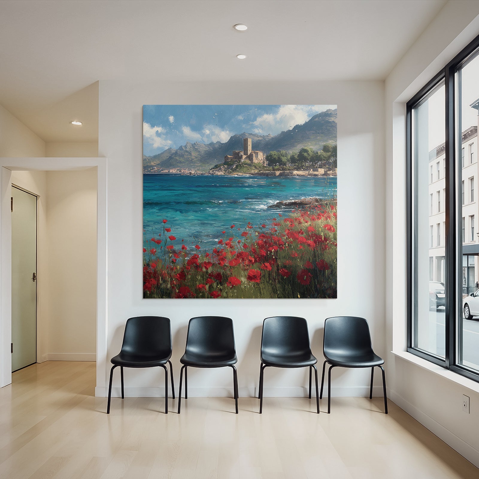 Seaside Landscape With Poppy Flowers And Castle