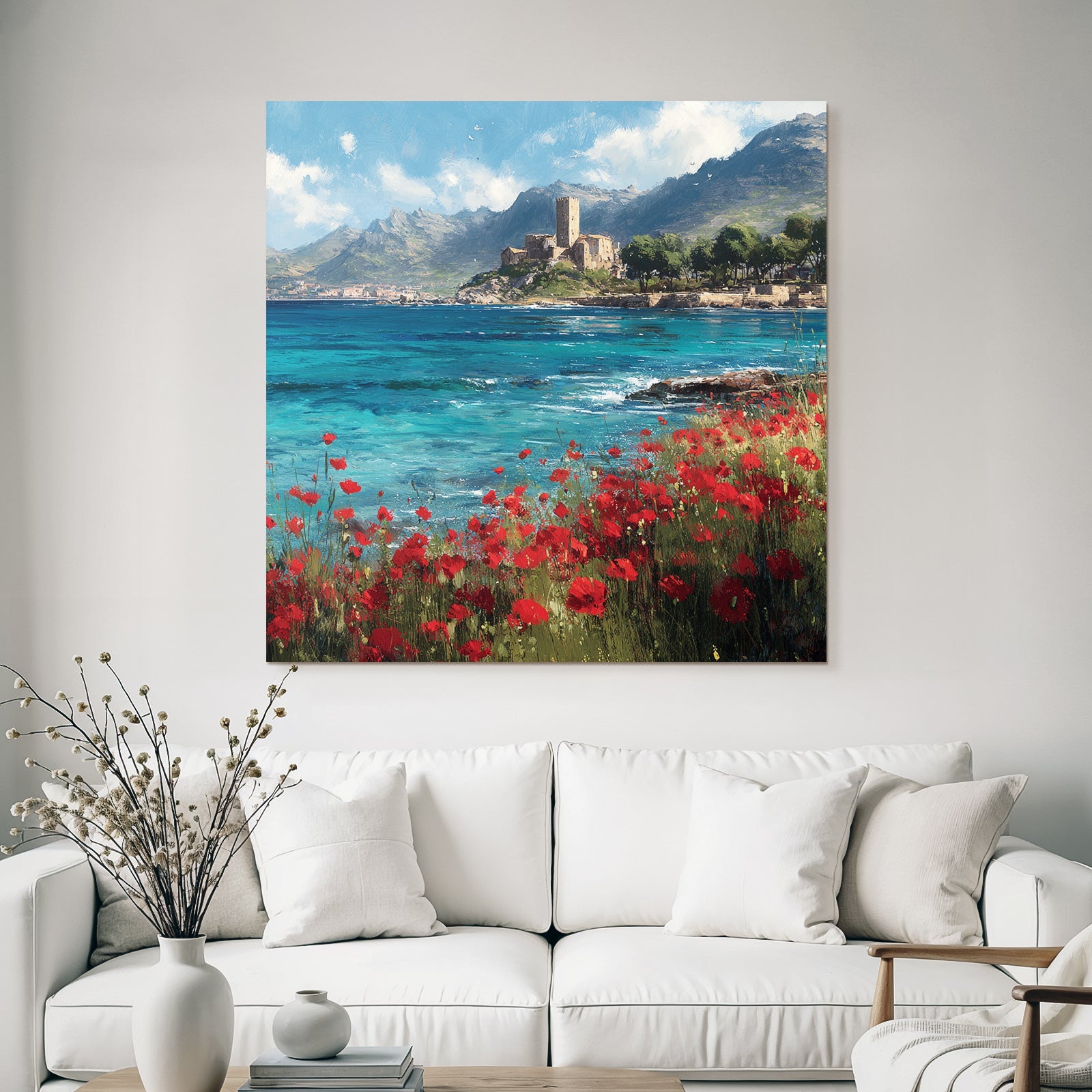 Seaside Landscape With Poppy Flowers And Castle