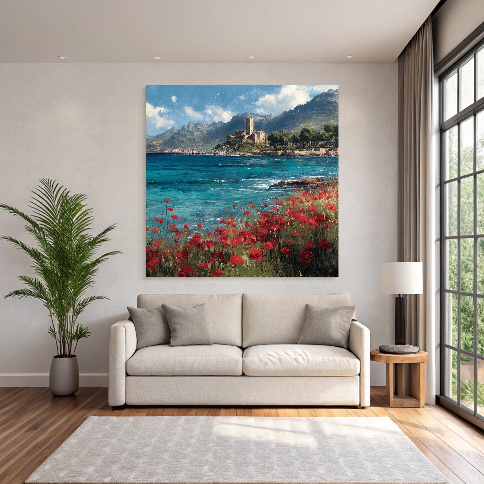 Seaside Landscape With Poppy Flowers And Castle