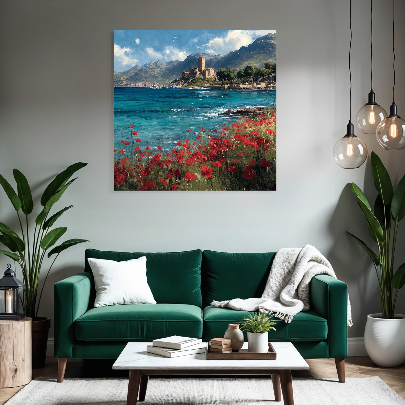 Seaside Landscape With Poppy Flowers And Castle