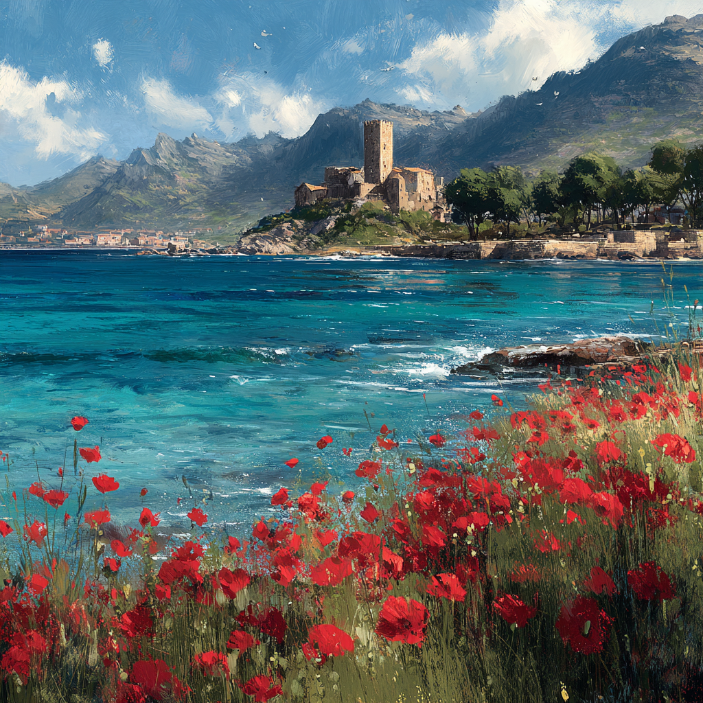 Seaside Landscape With Poppy Flowers And Castle | Sommer | Jahreszeiten