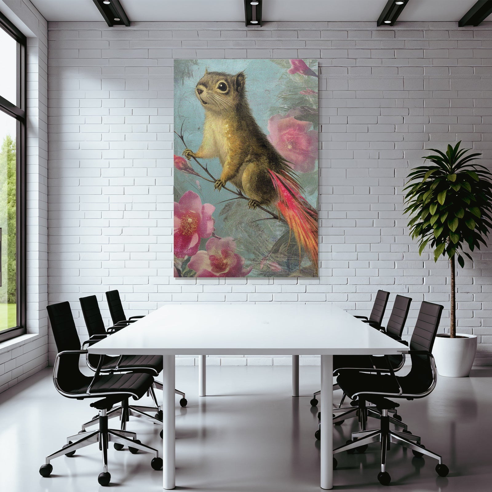 Squirrel on a branch surrounded by flowers artwork