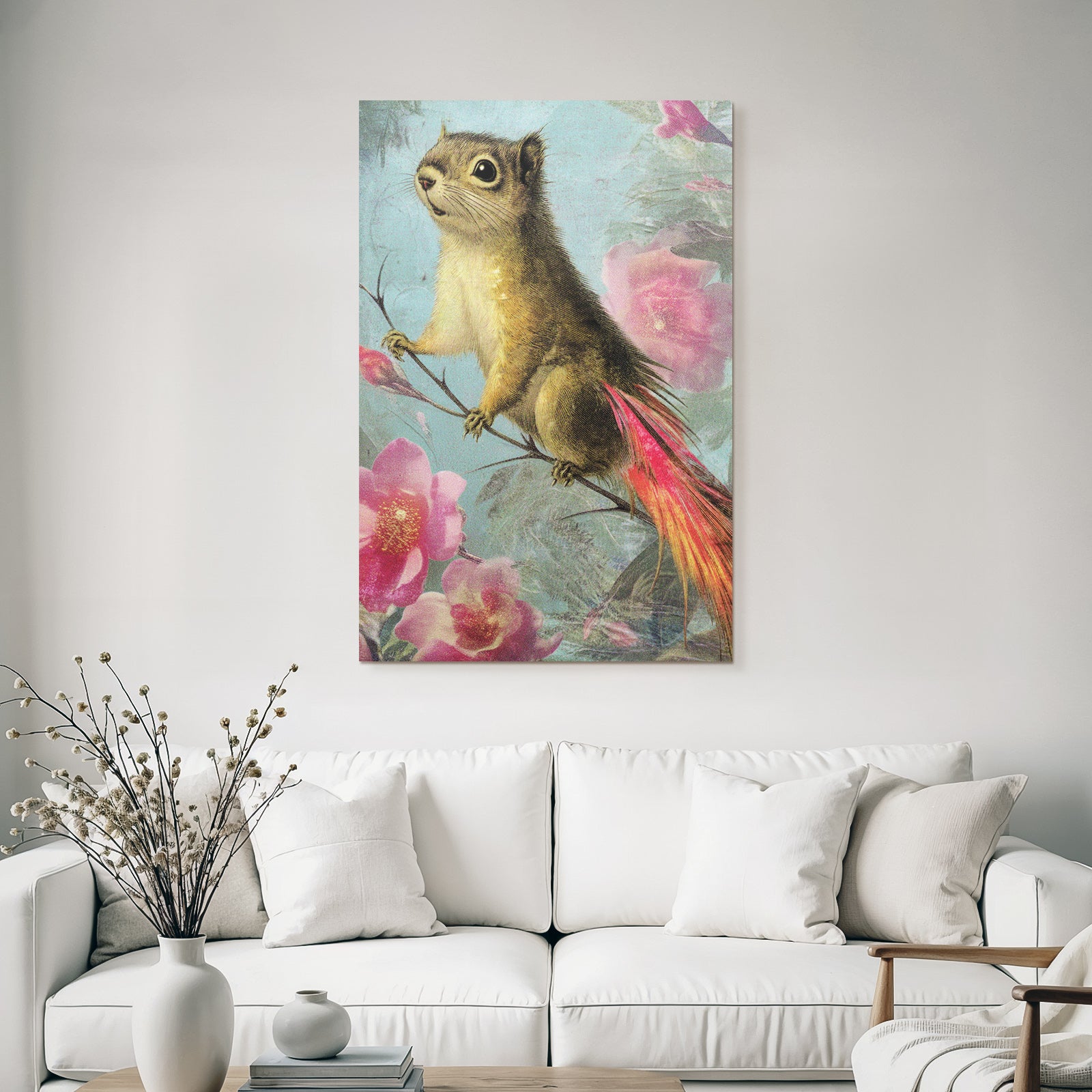 Squirrel on a branch surrounded by flowers artwork