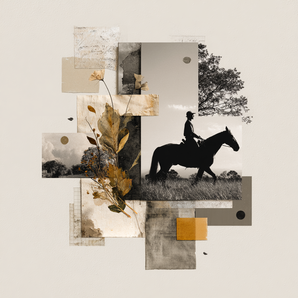 Silhouette Reitender Mensch Im Wald Collage Sepiatonen Rustikal | Collagen | Kunstgattungen