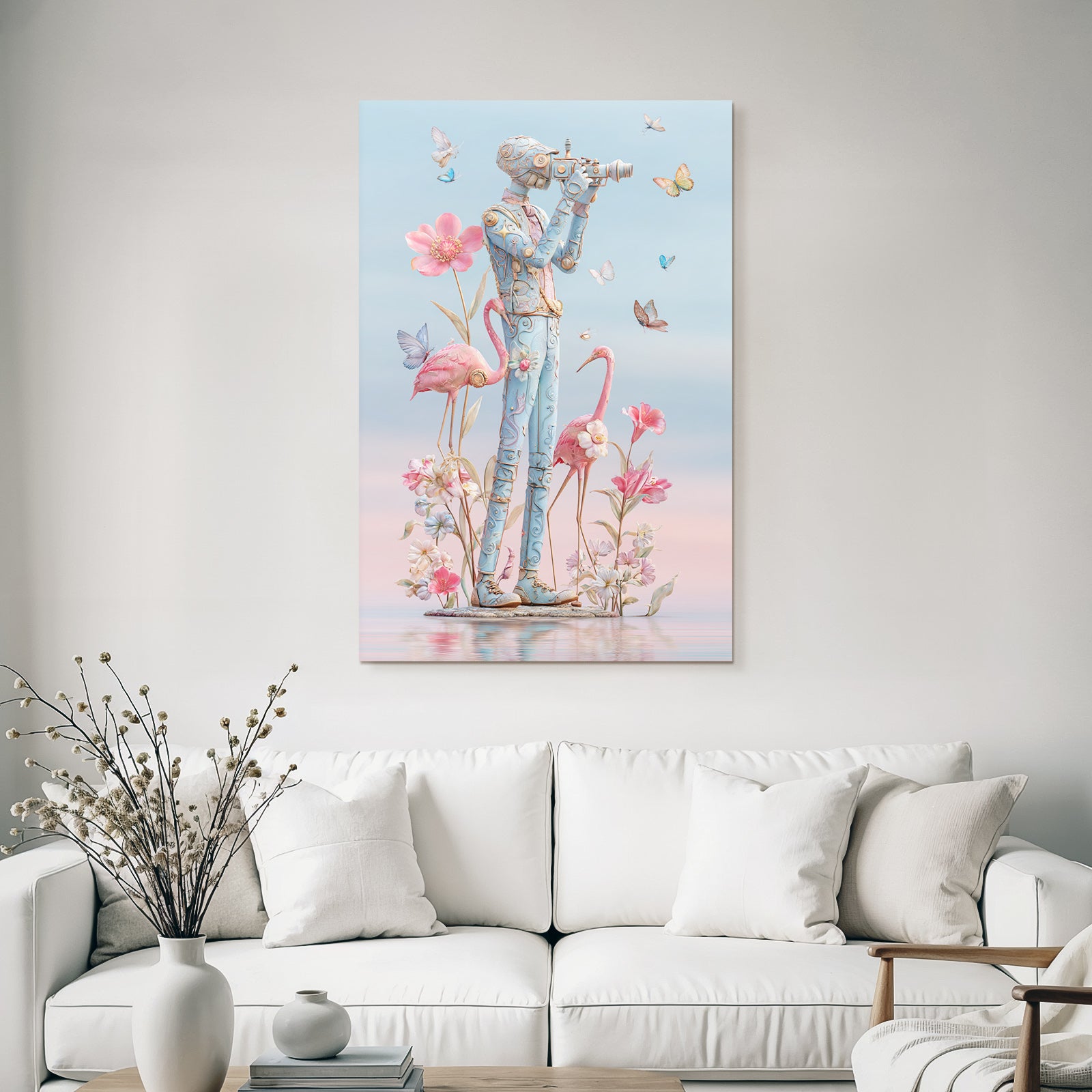 Stylisierte Figura Mit Kamera Umgeben Von Blumen Butterflies Und Flamingos