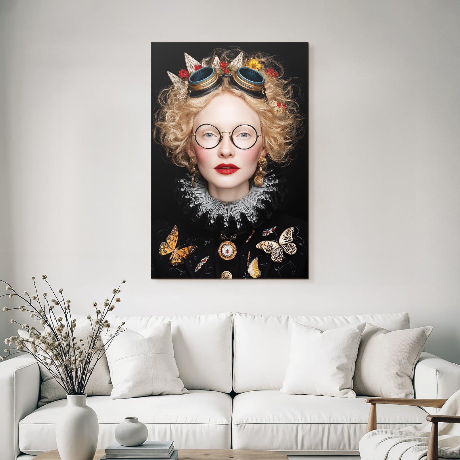 Stylisierte Portrait Einer Person Mit Faerben Fliegenmotiven Und Zubehoer