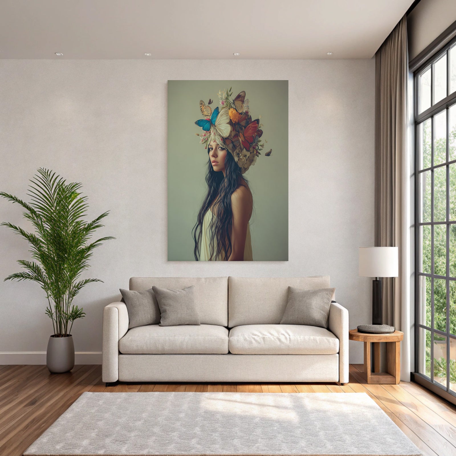 Stylisierte Portrait Mit Blumen Und Butterfly Haube