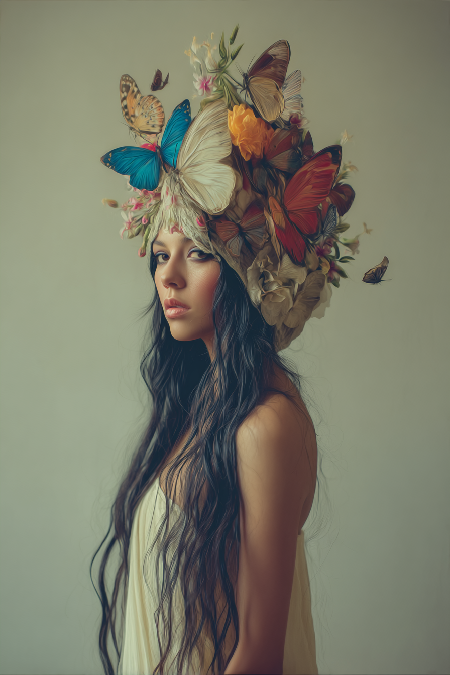 Stylisierte Portrait Mit Blumen Und Butterfly Haube | Digital Art | Kunstgattungen