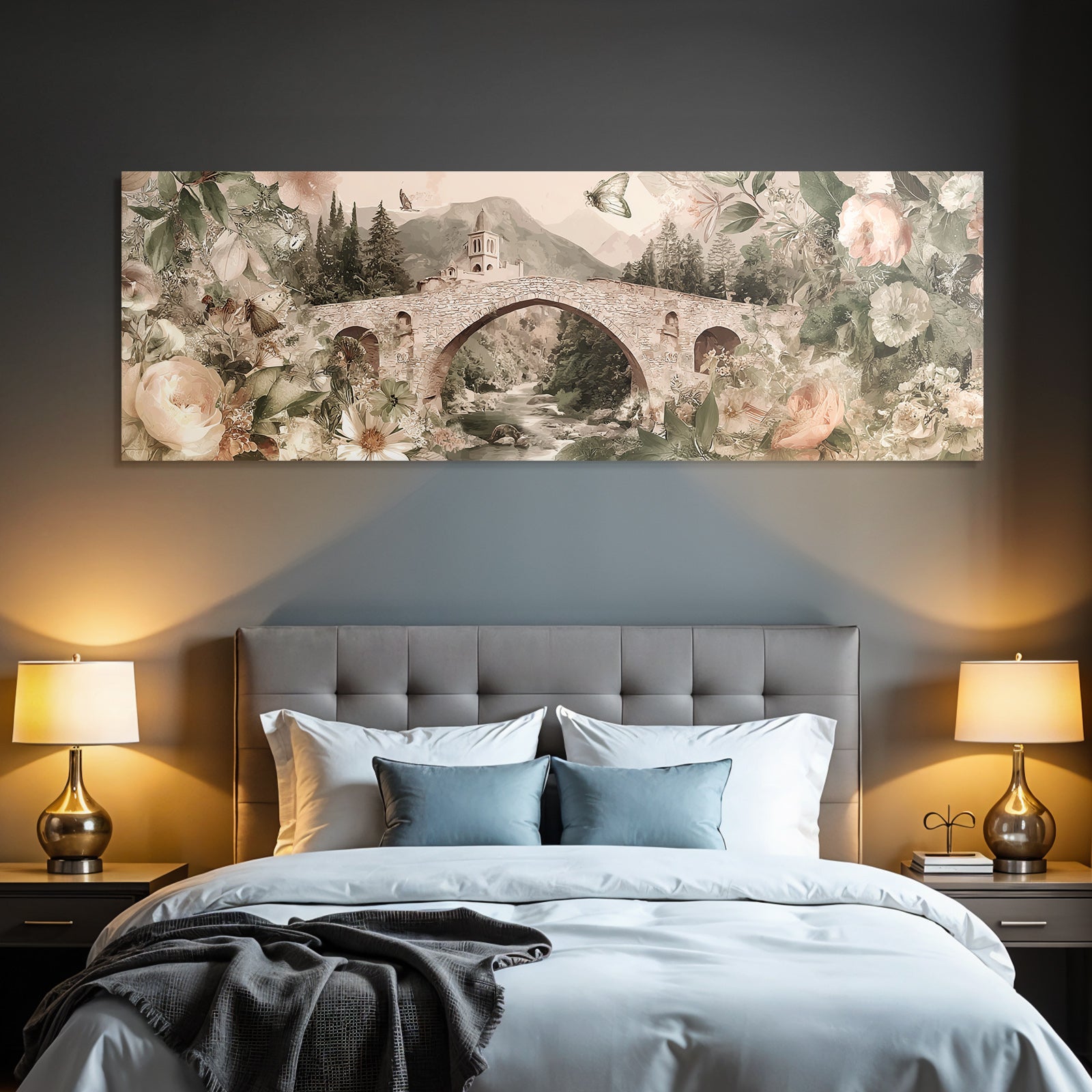 Stone bridge surrounded by flowers, trees and butterflies, tranquil nature