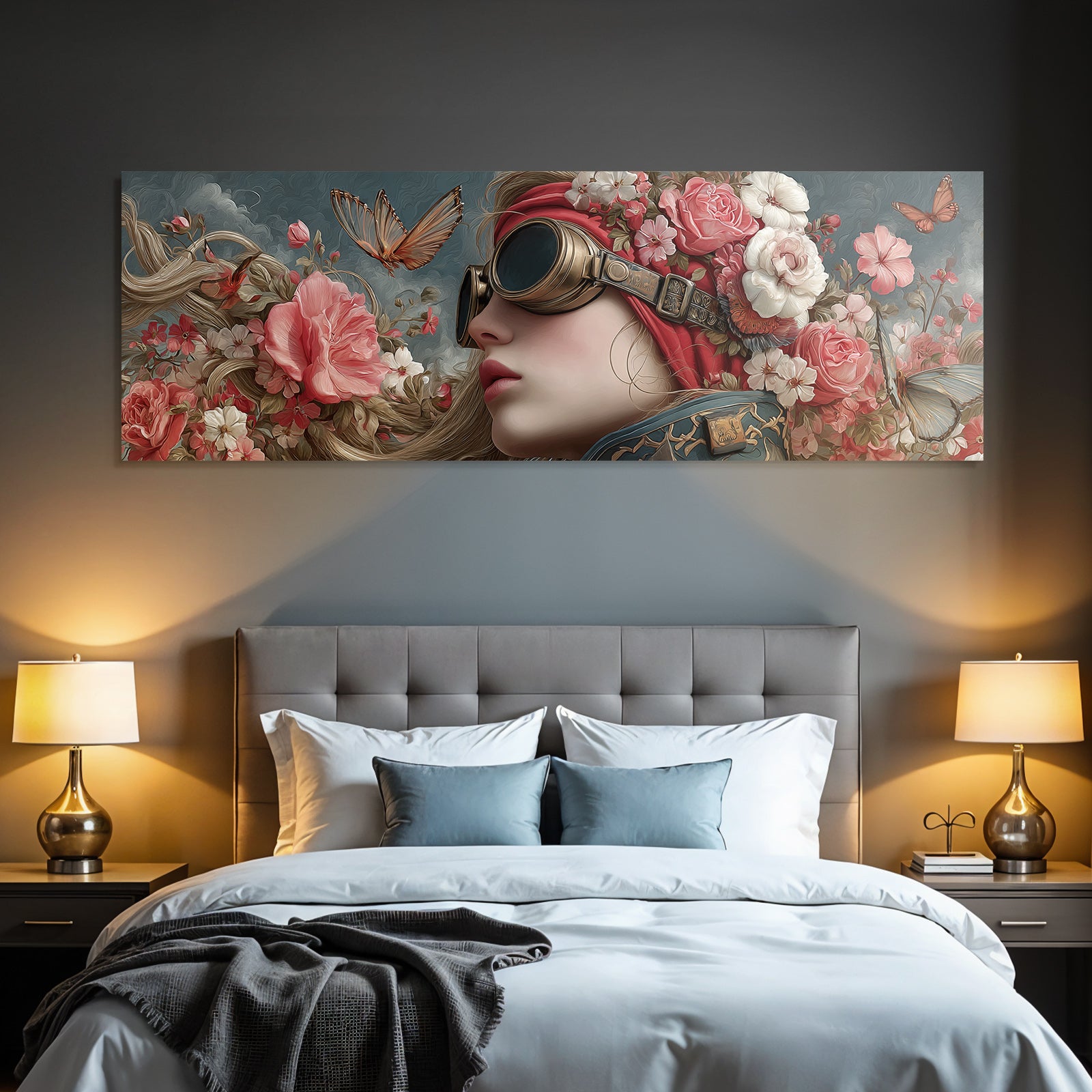 Stylisierte Frau Mit Blumen Und Goggles Fantasy Steampunk Kunstwerk
