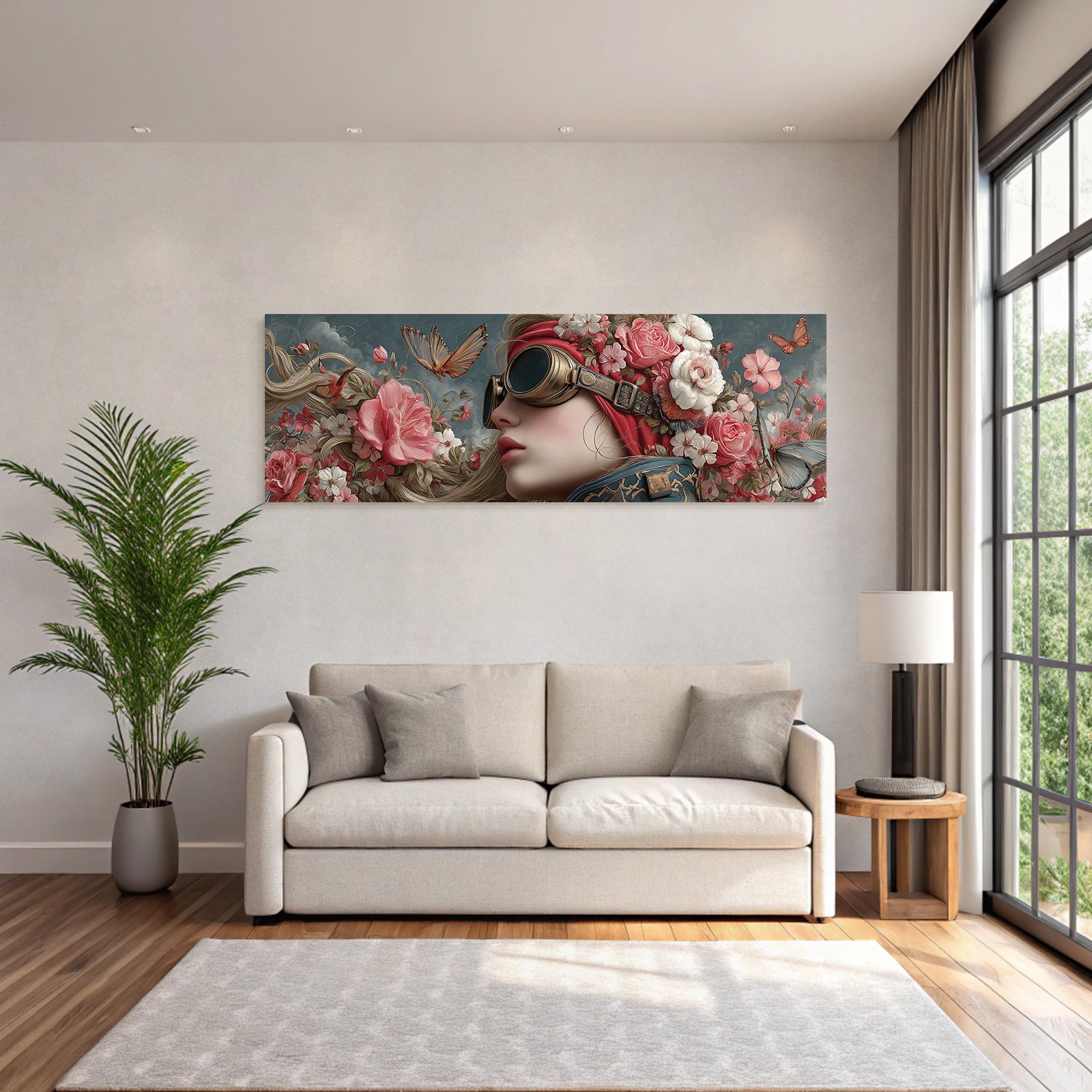 Stylisierte Frau Mit Blumen Und Goggles Fantasy Steampunk Kunstwerk