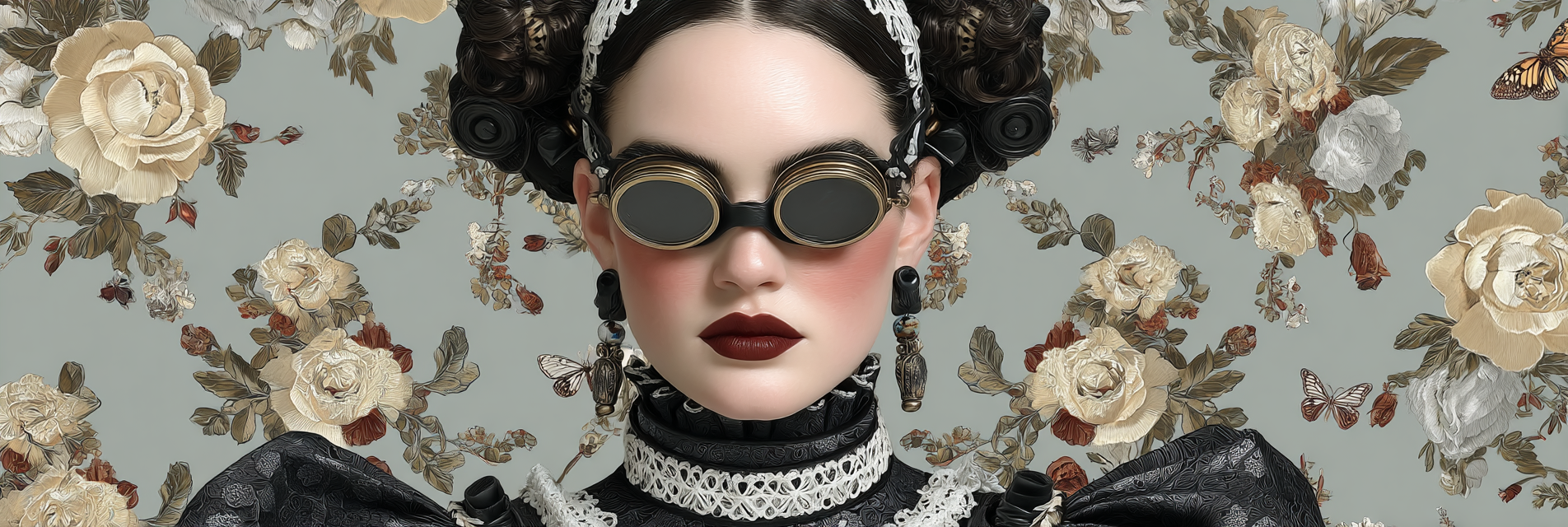 Stylisierte Portraet Einer Frau Im Vintage Steampunk Stil Mit Blumen Hintergrund | Digital Art | Kunstgattungen