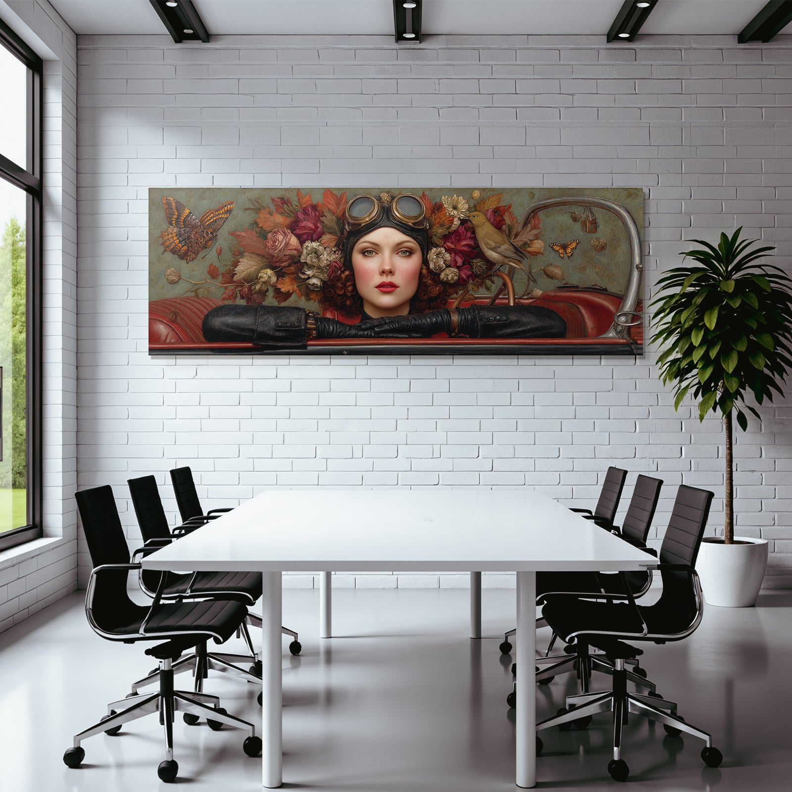 Stylisierte Portrait Frau Mit Blumen Butterflies Und Vogel Vintage Aesthetik