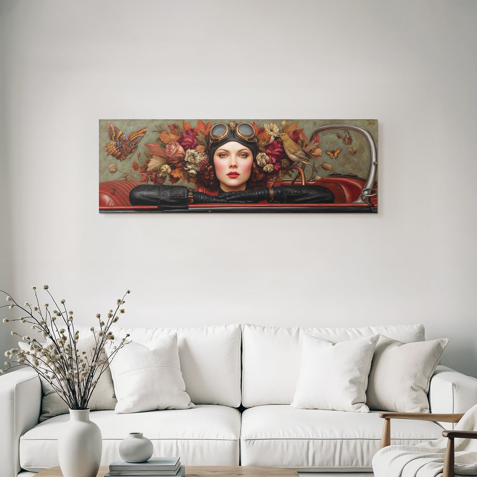 Stylisierte Portrait Frau Mit Blumen Butterflies Und Vogel Vintage Aesthetik