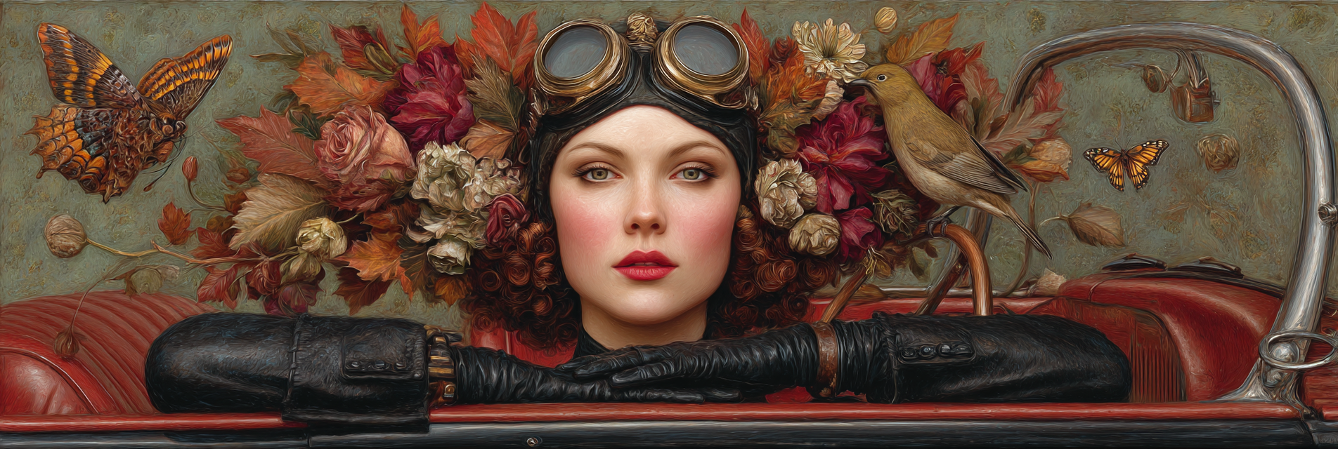 Stylisierte Portrait Frau Mit Blumen Butterflies Und Vogel Vintage Aesthetik | Digital Art | Kunstgattungen