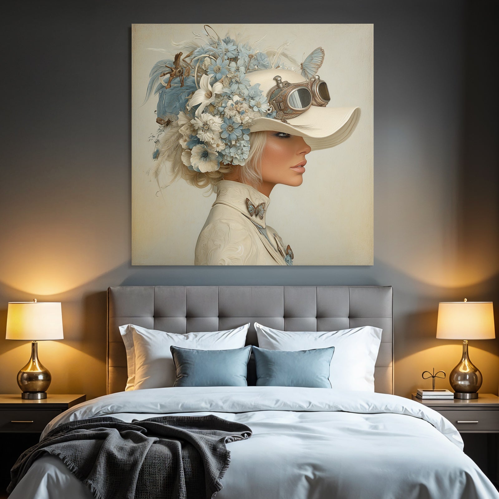 Seite Profil Frau Hut Blumen Steampunk Style Elegant Whimsisch Blaubeige