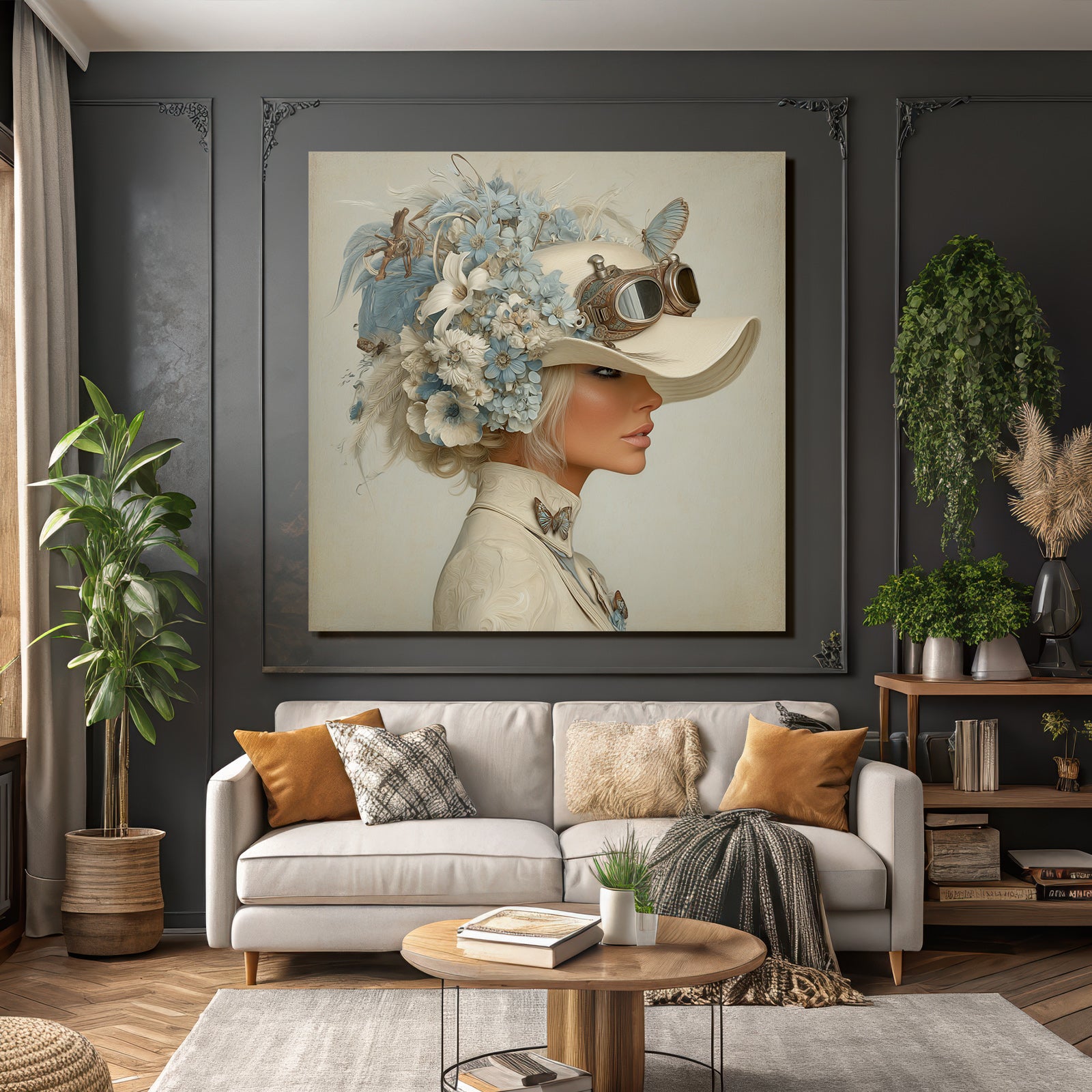 Seite Profil Frau Hut Blumen Steampunk Style Elegant Whimsisch Blaubeige