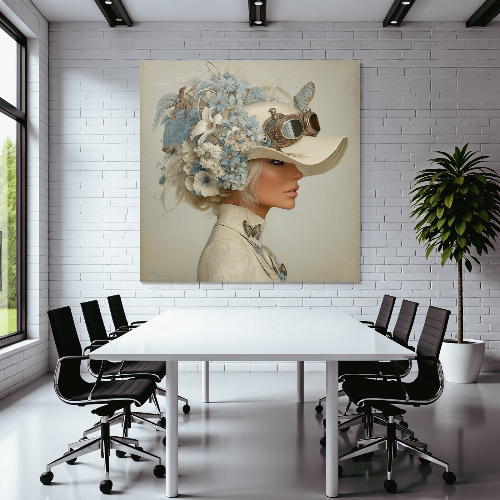 Seite Profil Frau Hut Blumen Steampunk Style Elegant Whimsisch Blaubeige