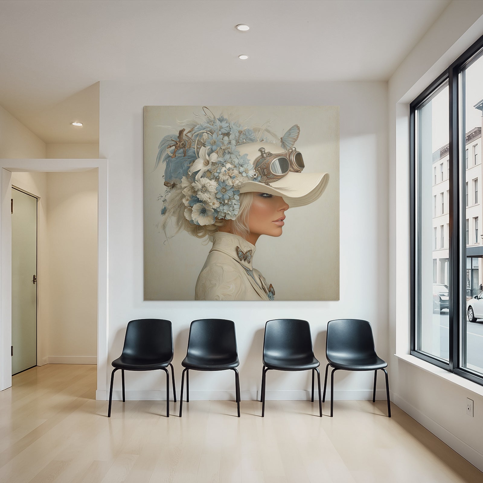 Seite Profil Frau Hut Blumen Steampunk Style Elegant Whimsisch Blaubeige