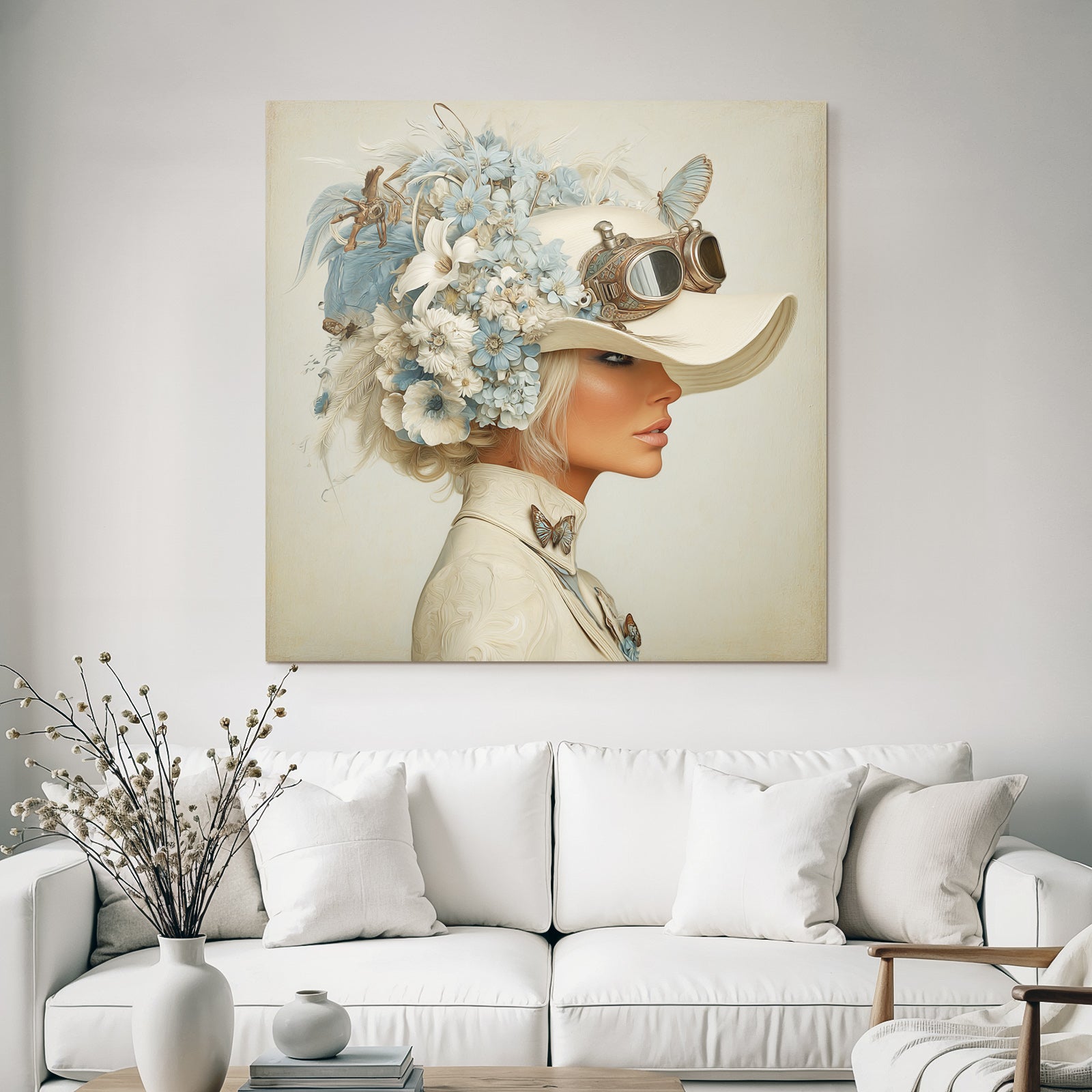 Seite Profil Frau Hut Blumen Steampunk Style Elegant Whimsisch Blaubeige