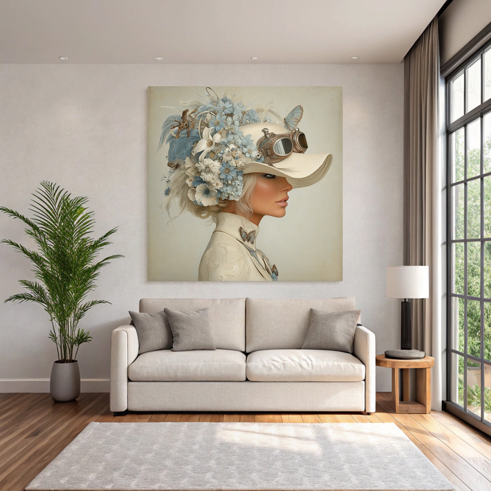 Seite Profil Frau Hut Blumen Steampunk Style Elegant Whimsisch Blaubeige