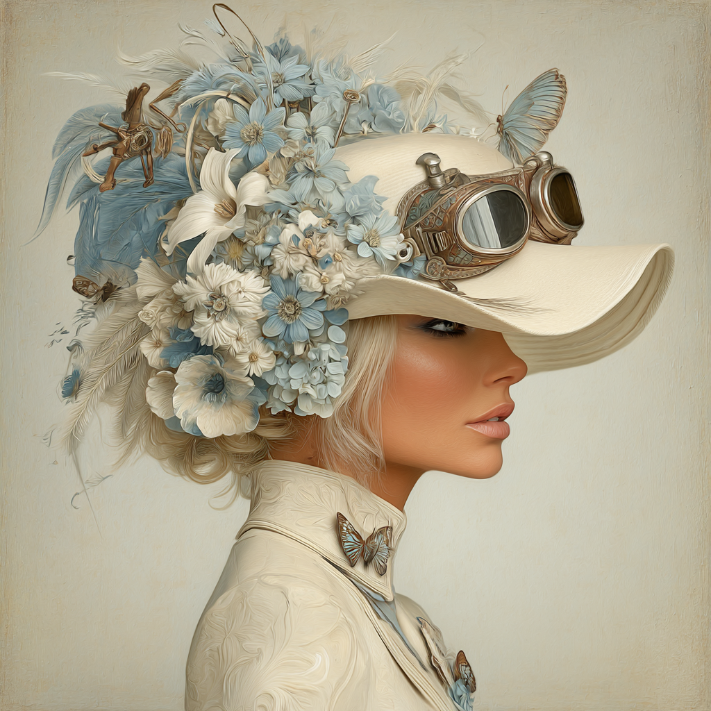 Seite Profil Frau Hut Blumen Steampunk Style Elegant Whimsisch Blaubeige | Digital Art | Kunstgattungen