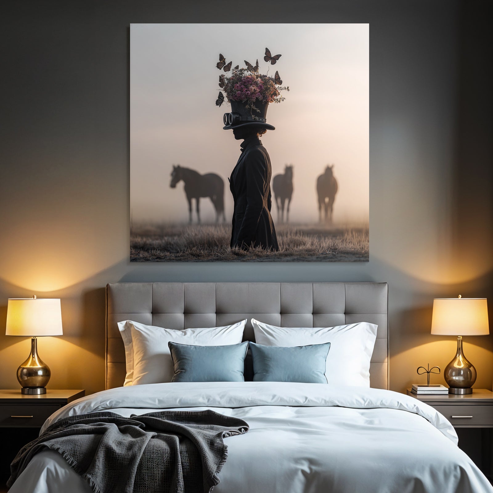 Silhouette Einer Person Mit Hut Und Blumen Im Nebel Mit Pferden Im Hintergrund