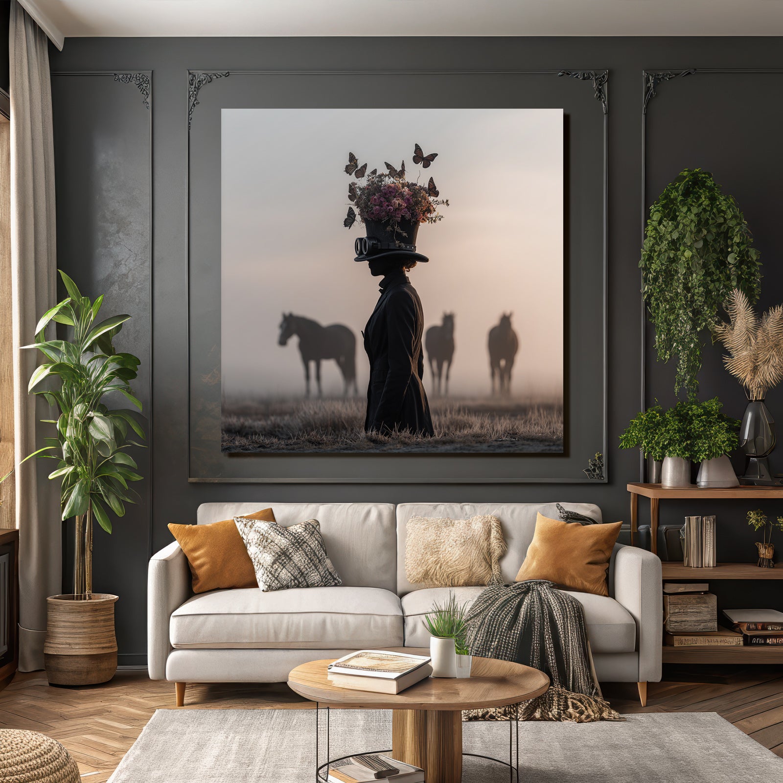 Silhouette Einer Person Mit Hut Und Blumen Im Nebel Mit Pferden Im Hintergrund