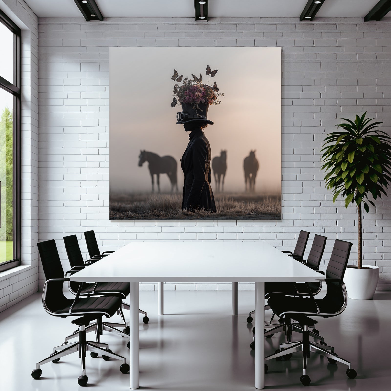 Silhouette Einer Person Mit Hut Und Blumen Im Nebel Mit Pferden Im Hintergrund