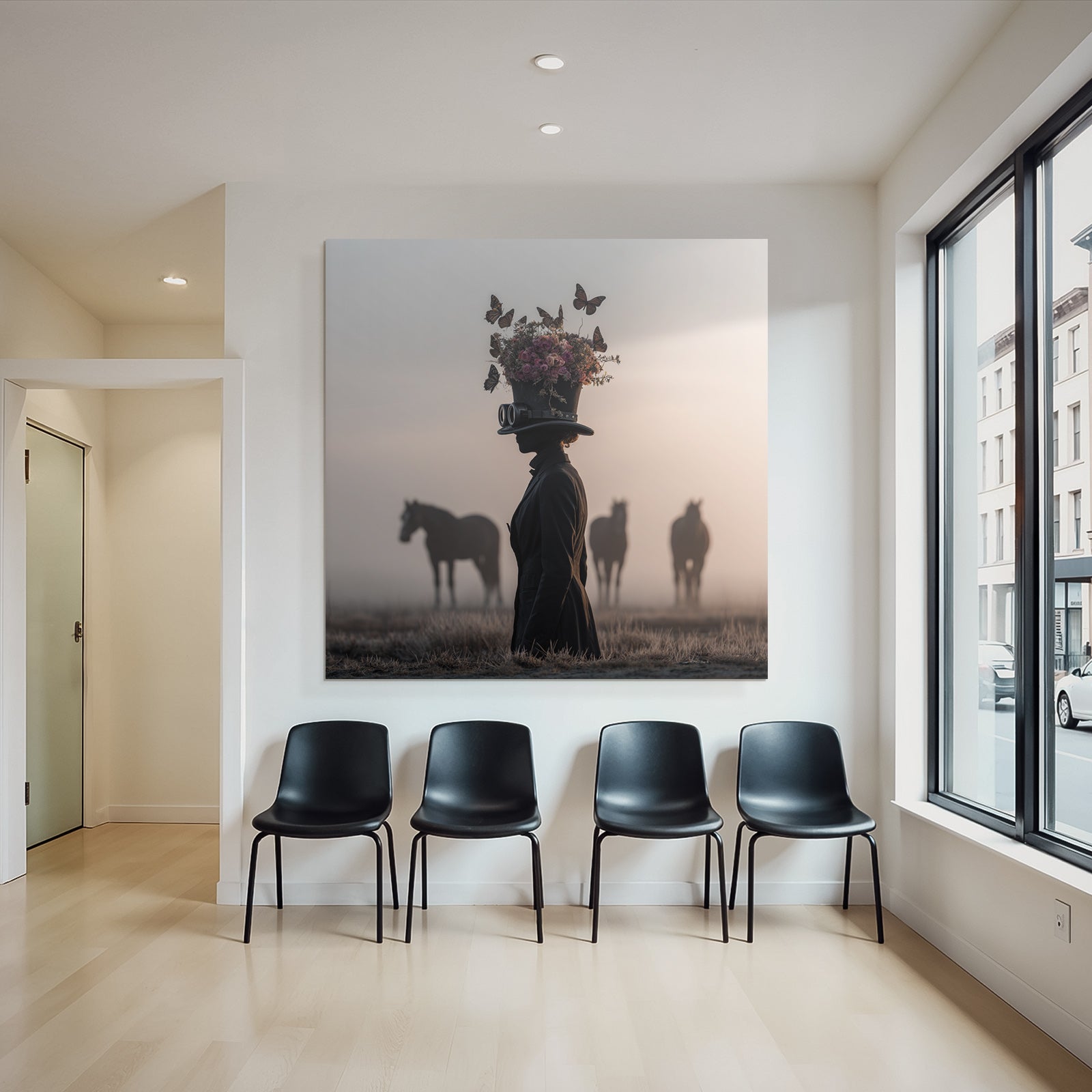 Silhouette Einer Person Mit Hut Und Blumen Im Nebel Mit Pferden Im Hintergrund