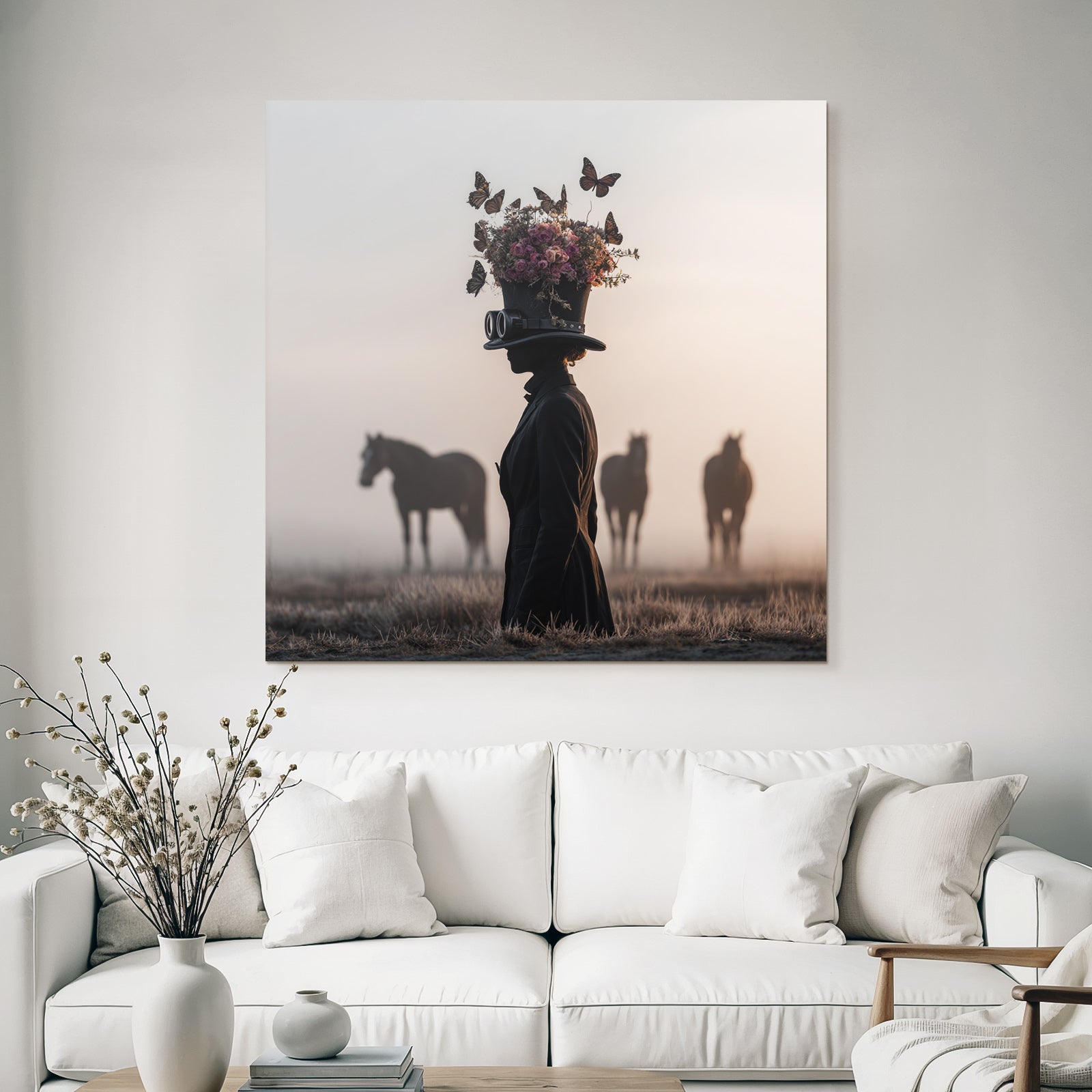 Silhouette Einer Person Mit Hut Und Blumen Im Nebel Mit Pferden Im Hintergrund