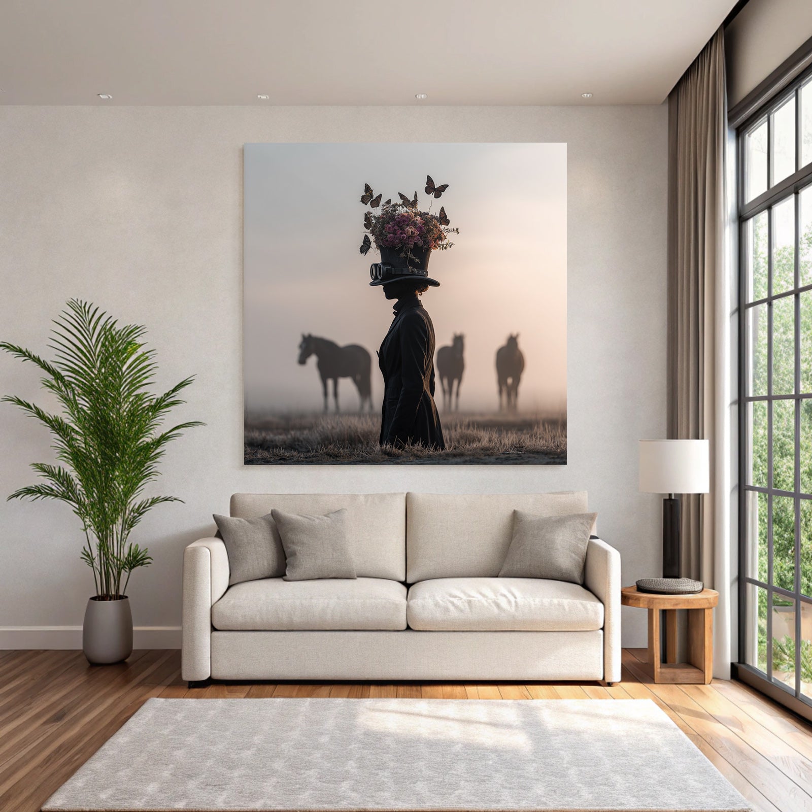 Silhouette Einer Person Mit Hut Und Blumen Im Nebel Mit Pferden Im Hintergrund