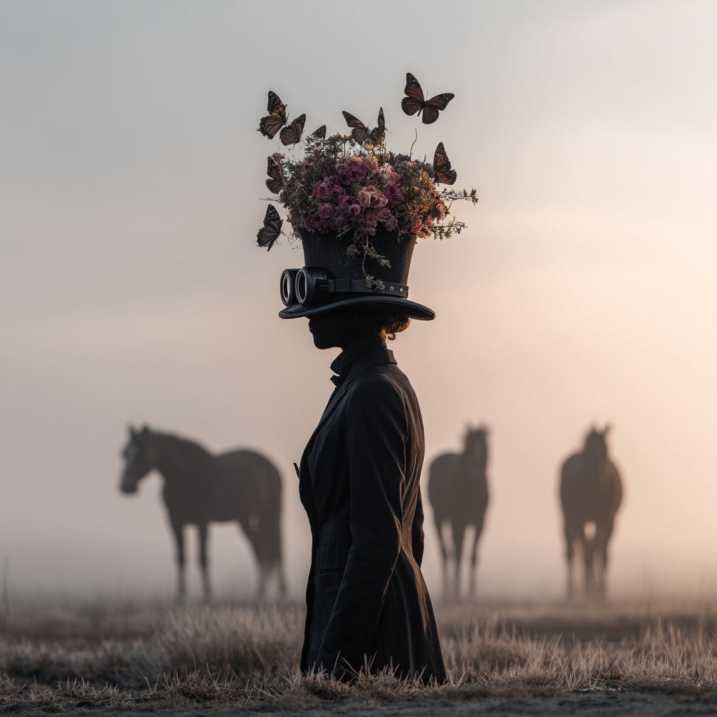 Silhouette Einer Person Mit Hut Und Blumen Im Nebel Mit Pferden Im Hintergrund | Digital Art | Kunstgattungen