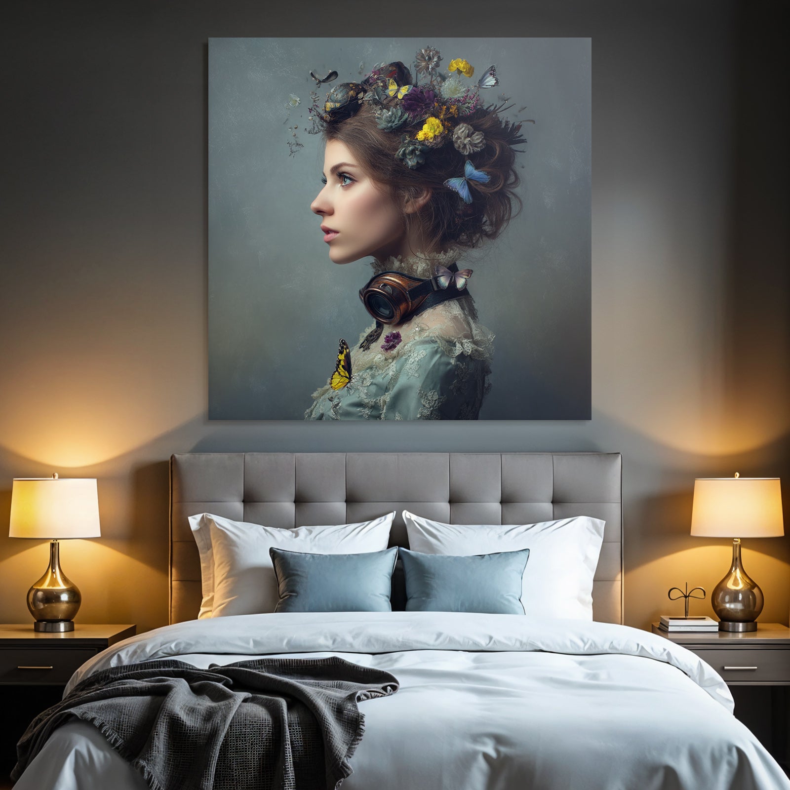 Stylisierte Portraet Einer Frau Mit Blumen Und Schmetterlingen Goggles Vintage Stil