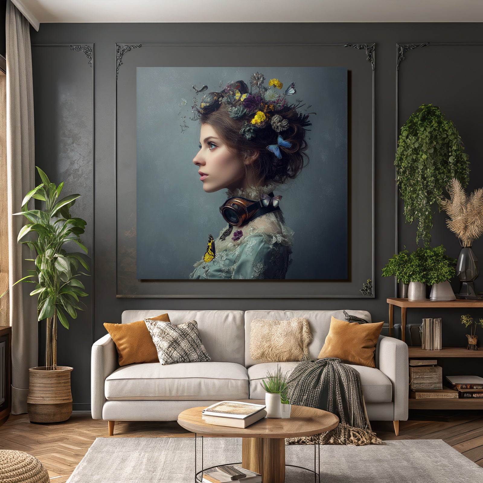 Stylisierte Portraet Einer Frau Mit Blumen Und Schmetterlingen Goggles Vintage Stil