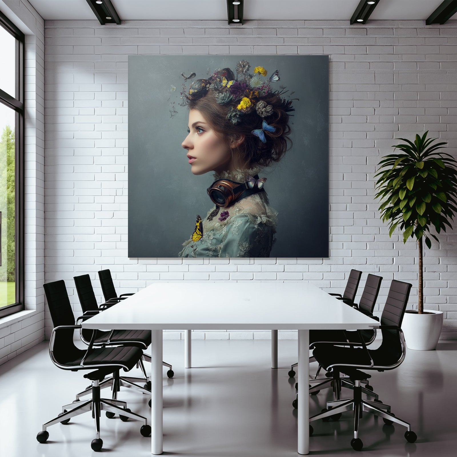 Stylisierte Portraet Einer Frau Mit Blumen Und Schmetterlingen Goggles Vintage Stil
