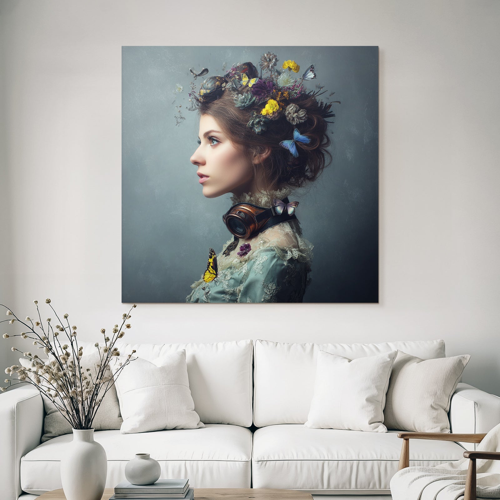 Stylisierte Portraet Einer Frau Mit Blumen Und Schmetterlingen Goggles Vintage Stil