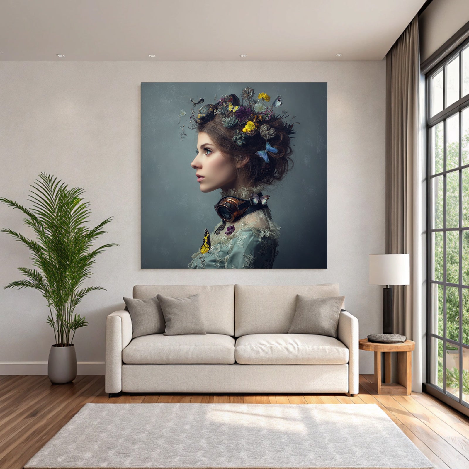 Stylisierte Portraet Einer Frau Mit Blumen Und Schmetterlingen Goggles Vintage Stil